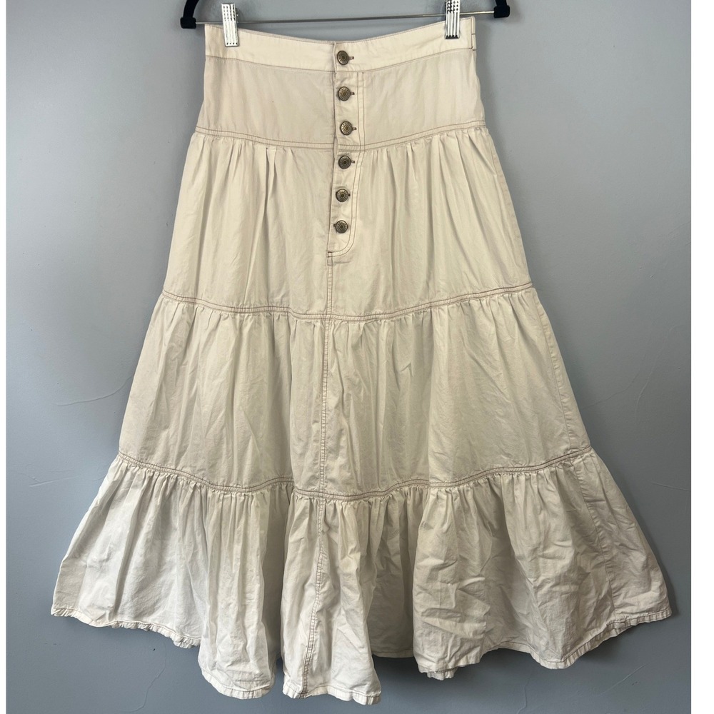 White Cotton Tiered Maxi Boho Skirt SZ S Festival Summer Cowgirl Chic Rodeo
